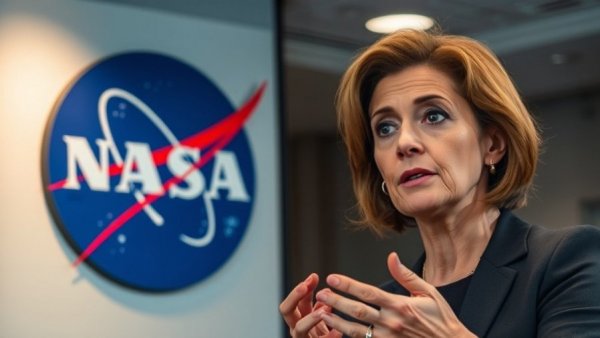 NASA logo and serious woman at press event on funding cuts.