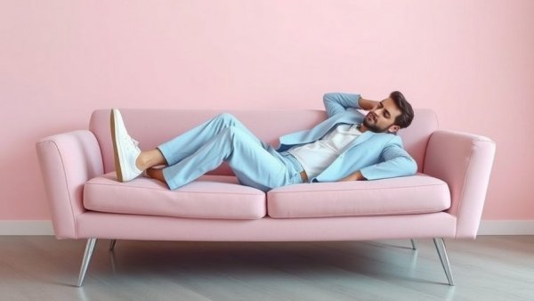 Person taking a break on a pink sofa, relaxing in a minimalist setting.