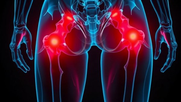 Digital rendering of human hips highlighting stress areas, related to healthy aging exercises.