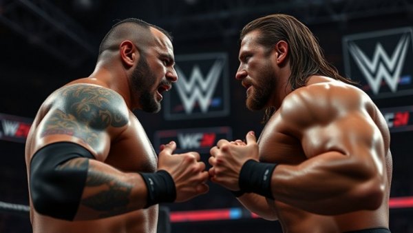 Wrestlers in a tense face-off, WWE setting