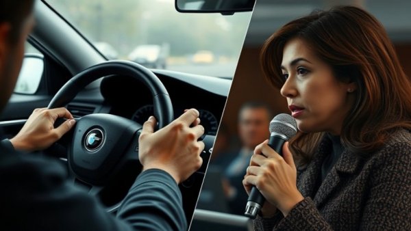 Driver adjusting car radio and person speaking, relating to artist payments through radio stations.