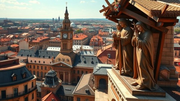 World's Largest Nativity Scene towering over city buildings.