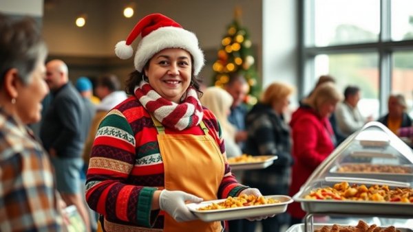 Austin non-profit holiday cheer event with volunteer serving food.