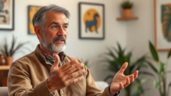 Middle-aged man explains improving circulation for seniors indoors.