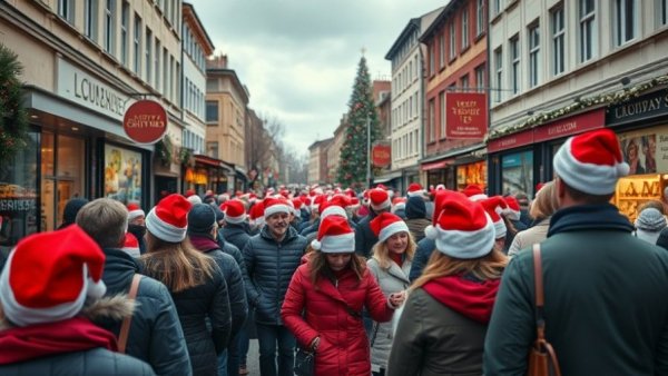 Festive shoppers with Santa hats on a busy street open on Christmas Day 2025.