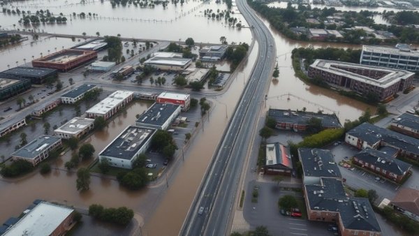 Aerial view of flood impact on urban area post-Hurricane Harvey.