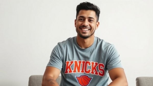 Smiling man in a Knicks shirt sitting indoors, all-time Knicks players.
