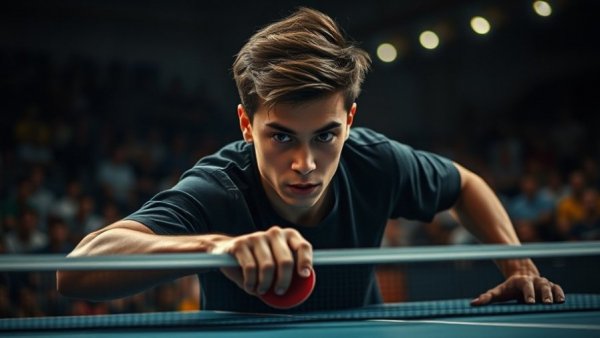 Marty Supreme movie review: Intense table tennis scene, dramatic lighting.
