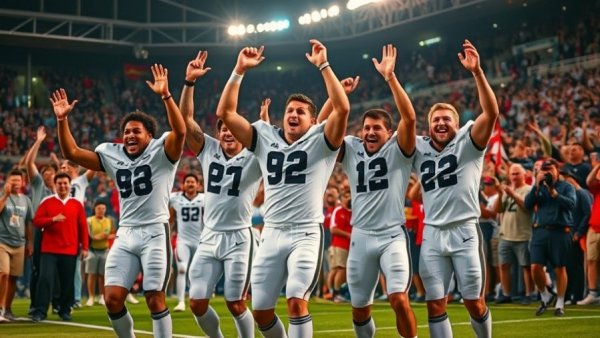 Vikings players celebrate eliminating Lions from playoffs in stadium.