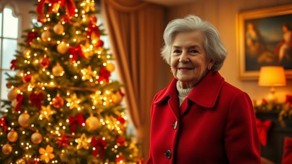 Elderly woman smiling by a Christmas tree, Holiday Traditions in America.