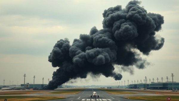 Plume of smoke at airport runway after UPS plane crash.