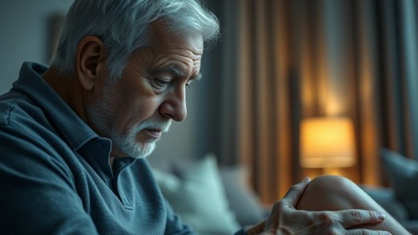 Elderly man considering healthy aging exercises in a serene setting.