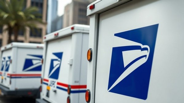 USPS trucks with logo visible, related to postal service activity.