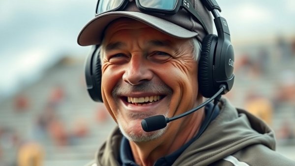 Michigan football coaching search showing a smiling coach on the field.