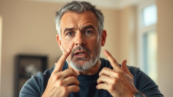 Man demonstrating jaw release techniques for head pressure relief indoors.