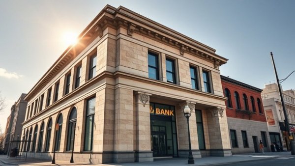 Modern stone bank building in San Antonio under clear sky.