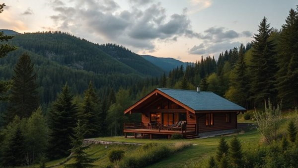 Scenic view of a modern cabin amidst lush hills, Hill Country escapes.