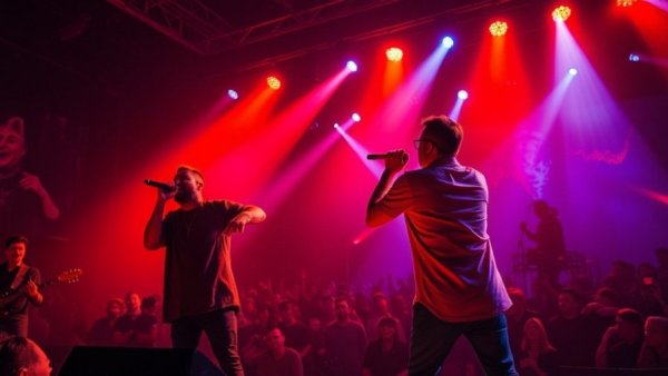 Vibrant concert scene with performers and dynamic lighting.