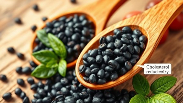 Black seeds and arteries, natural cholesterol reducers illustration.