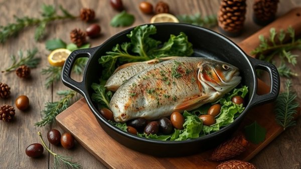 Pine Needle Trout Recipe in a skillet with olives and kale.