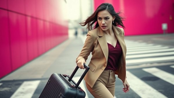 Vibrant young woman rushing with suitcase for traveler's diarrhea management tip.