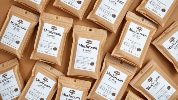 Multiple packages of mushroom-infused coffee displaying health benefits.
