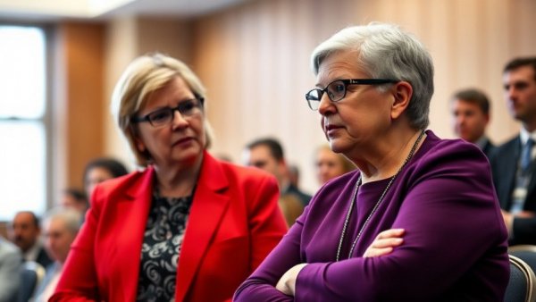 Discussion at a public event to spot human trafficking, two speakers.