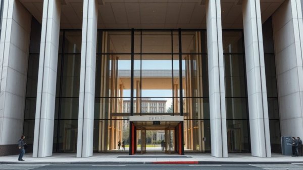 Modern building in Houston with tall columns, relevant to business news.