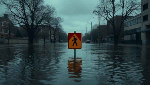 California flooding news: Flooded street with submerged pedestrian sign.