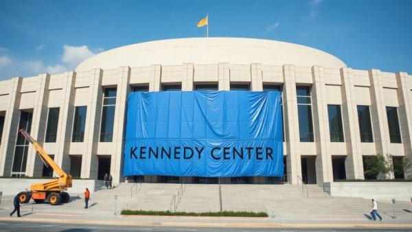 Kennedy Center undergoing maintenance with construction lifts and tarp.