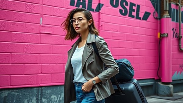 Traveler's diarrhea management concept with traveler briskly walking