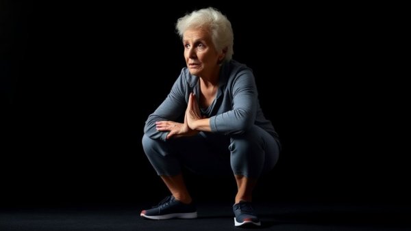 Healthy aging tips: Elderly woman exercising with vibrant leggings.
