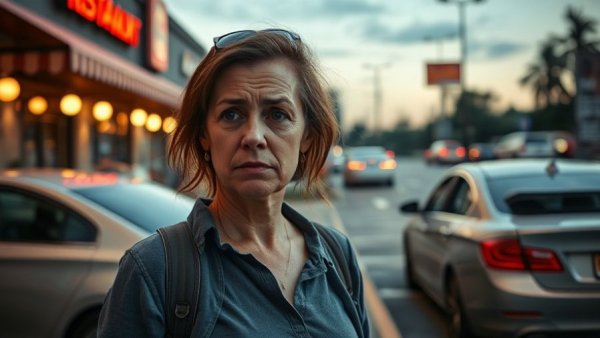 Houston restaurant parking lot with broken car window, concerned woman.