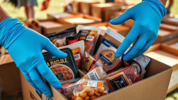 Close-up of food boxes at Austin food distribution event.