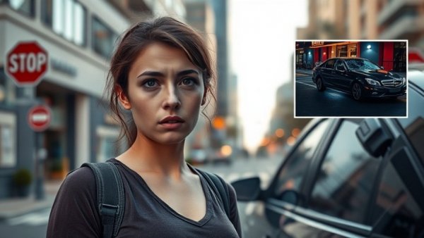Concerned woman discussing car break-in at Houston restaurant parking lot.