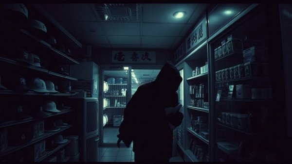 Security camera captures theft in a local business at night.