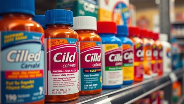 Close-up of cold and flu medicine bottles on store shelf as flu cases skyrocket.