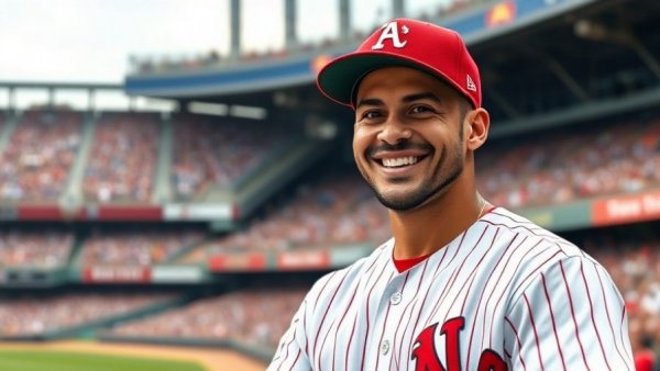 Confident baseball player in Phillies jersey at stadium, lively crowd, Bryce Harper criticism response.