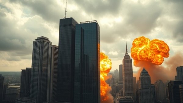 Dramatic explosion in cityscape, high-rise area with fiery blaze.