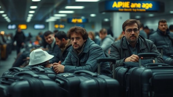 Travelers stranded at airport due to winter storm travel disruption.