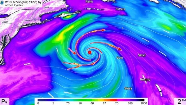 Winter Storm Ezra detailed weather map with vivid colors and cyclone symbol.