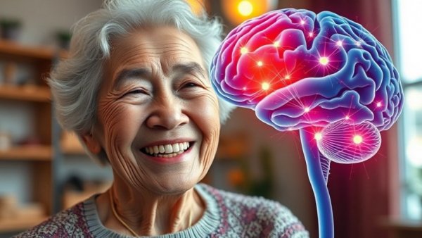 Elderly woman and brain profile showing Alzheimer's risk reduction through ikigai.