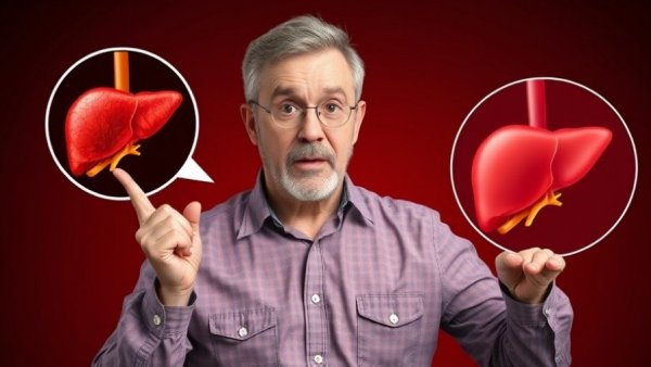 Concerned man points at liver illustration in medical-themed image.
