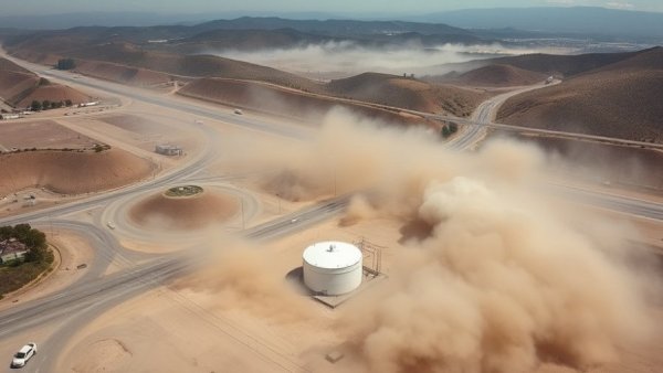 Aerial view of Castaic gas line explosion aftermath with dust cloud.
