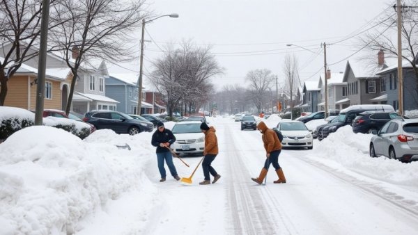 Northeast winter storm impacts travel as residents shovel snow on street.
