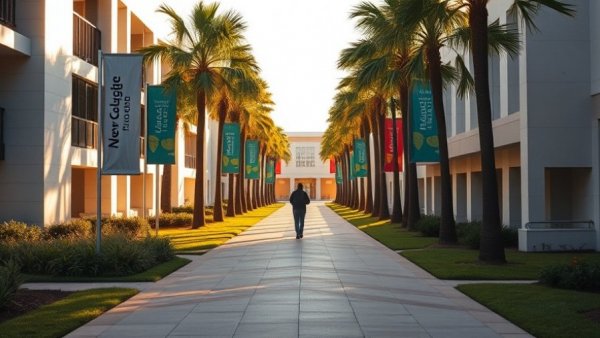 Palm-lined path at New College Florida with person walking.