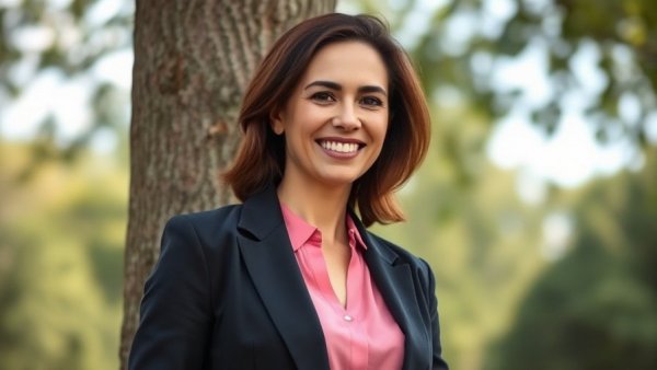 Michele Garcia smiling near a tree in natural light.
