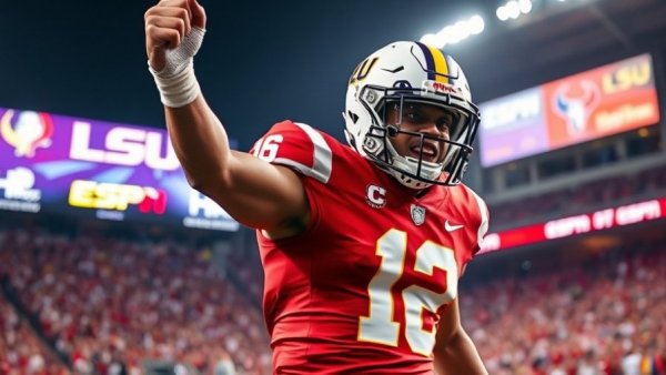 Dramatic football celebration at Texas Bowl with LSU and Houston logos.