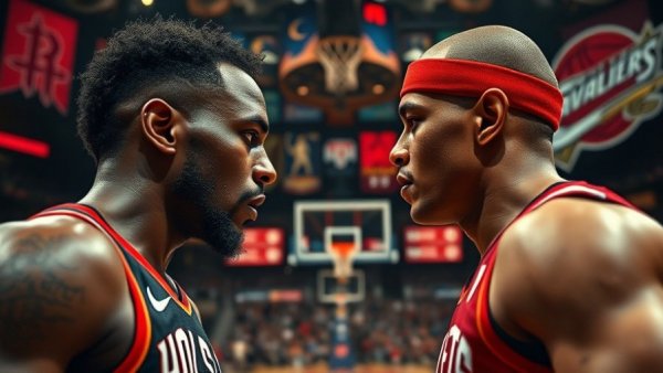 Houston Rockets vs Cleveland Cavaliers highlights with intense players facing off.
