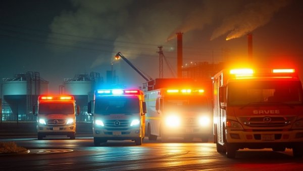 Emergency response at night near industrial plant, Houston Ship Channel sulfuric acid leak.
